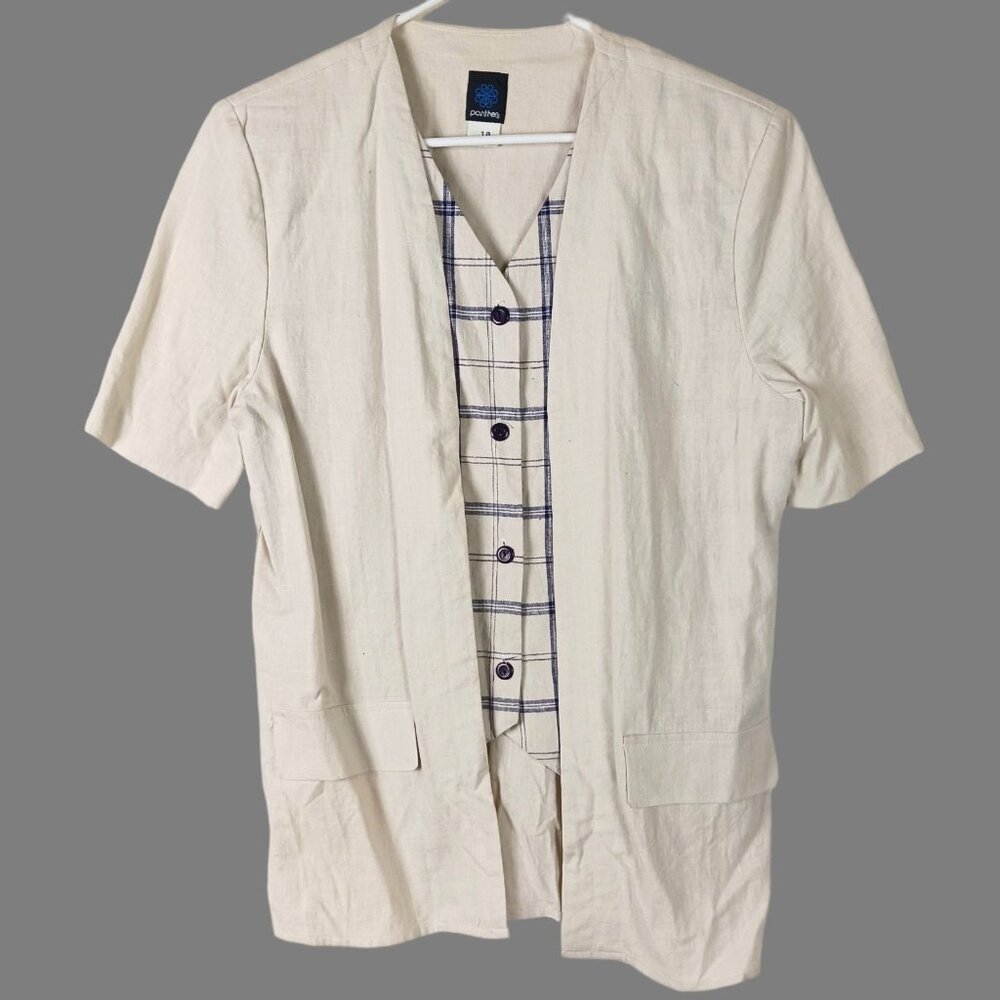 Vintage Panther Linen Blend Layered Top Plaid Shell 10 80s
